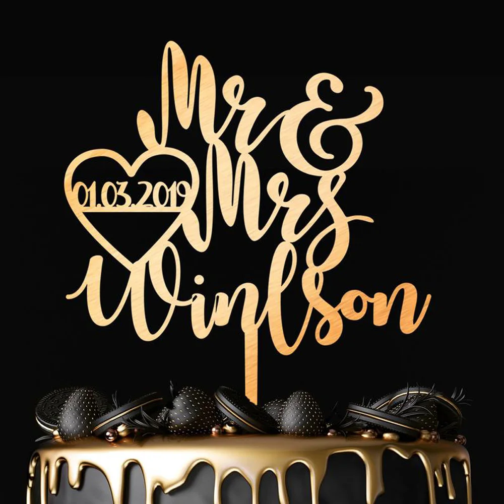 Personalized Mr and Mrs Cake Topper, Mirror gold Wedding Cake Topper, Custom Mr and Mrs name/date Rustic Wedding Cake Topper