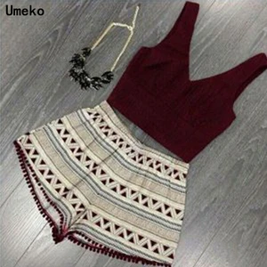 Комплект Спортивный Umeko женский из двух предметов, богемный укороченный топ без рукавов с глубоким V-образным вырезом и шорты, размера плюс, лето 2020