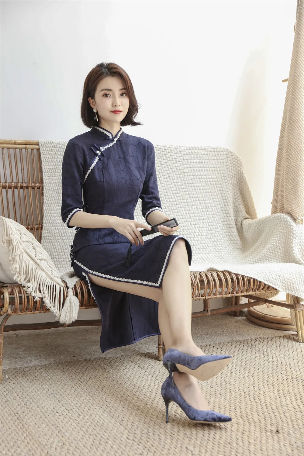 Шанхай история Половина рукава по колено cheongsam платье хлопок лен Винтаж Ципао китайское платье китайский стиль платье для женщин