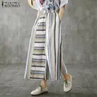 Женские винтажные полосатые прямые брюки ZANZEA, повседневные длинные брюки из хлопка и льна с эластичным поясом и карманами, уличная одежда