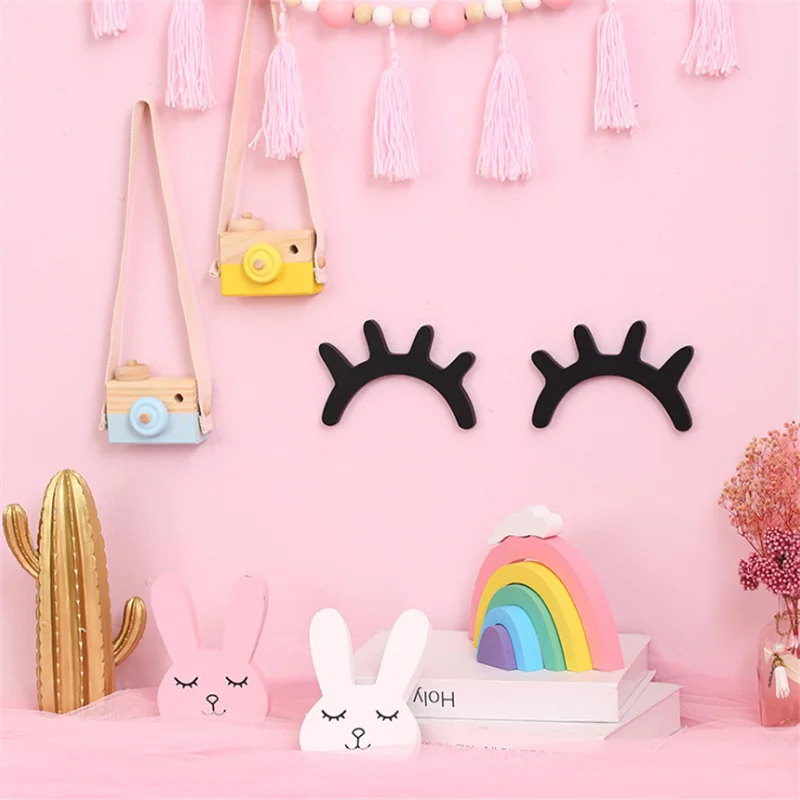 

DIY Wall Sticker Living Room Decoration Eyelash Camera Rabbit Craft Cartoon 3D Wood Wall Stickes Cute Closed Eye Home Decal