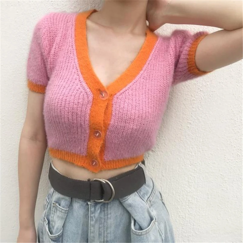 Кроп Топ пушистый свитер кавайный розовый вязаный кардиган женский укороченный