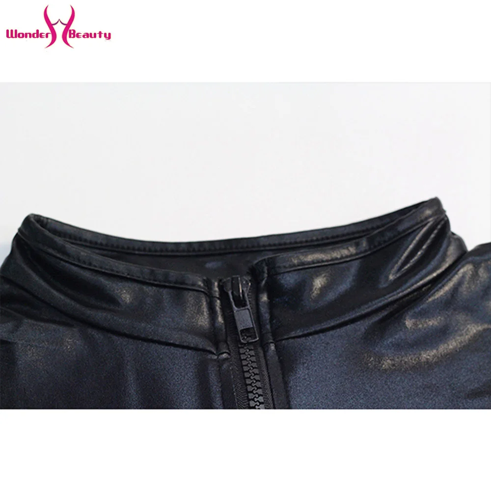 Black Mesh Long Sleeve Faux Leather Bodysuit Zipper Women Plus Size 4XL PU Body Feminino Sexy Clubwear Party PVC Bodysuits