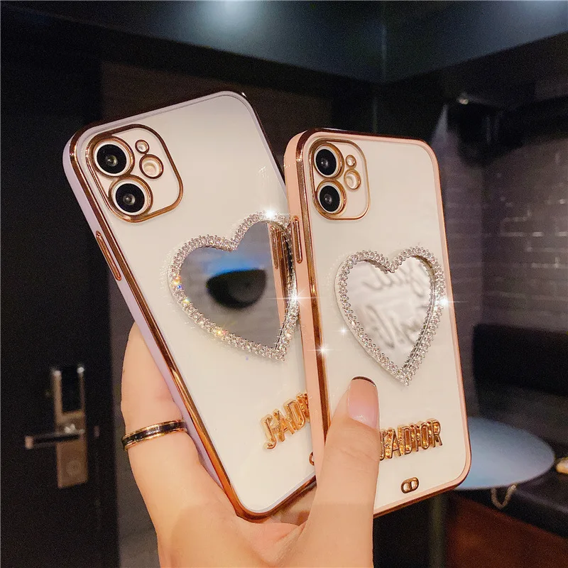 

Luxury 3D electroplate Love Heart Makeup mirror girl diamond Phone Case For iPhone 12 Pro Max 7 8 Plus 11 Pro XS Max XR X SE