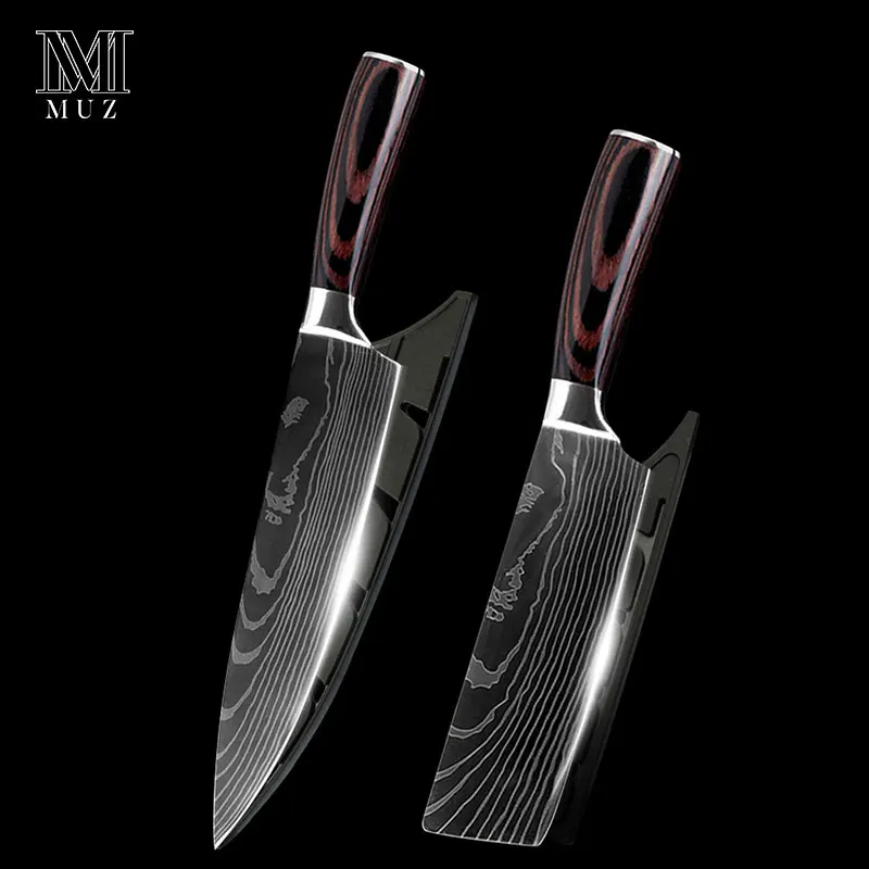 2pcs set Нержавеющая сталь, высокое качество, 8 дюймов, нож шеф-повара, лазерный дамасский сантоку, кухонные ножи, острый Кливер, нож для нарезки, подарок - Цвет: 2pcs set
