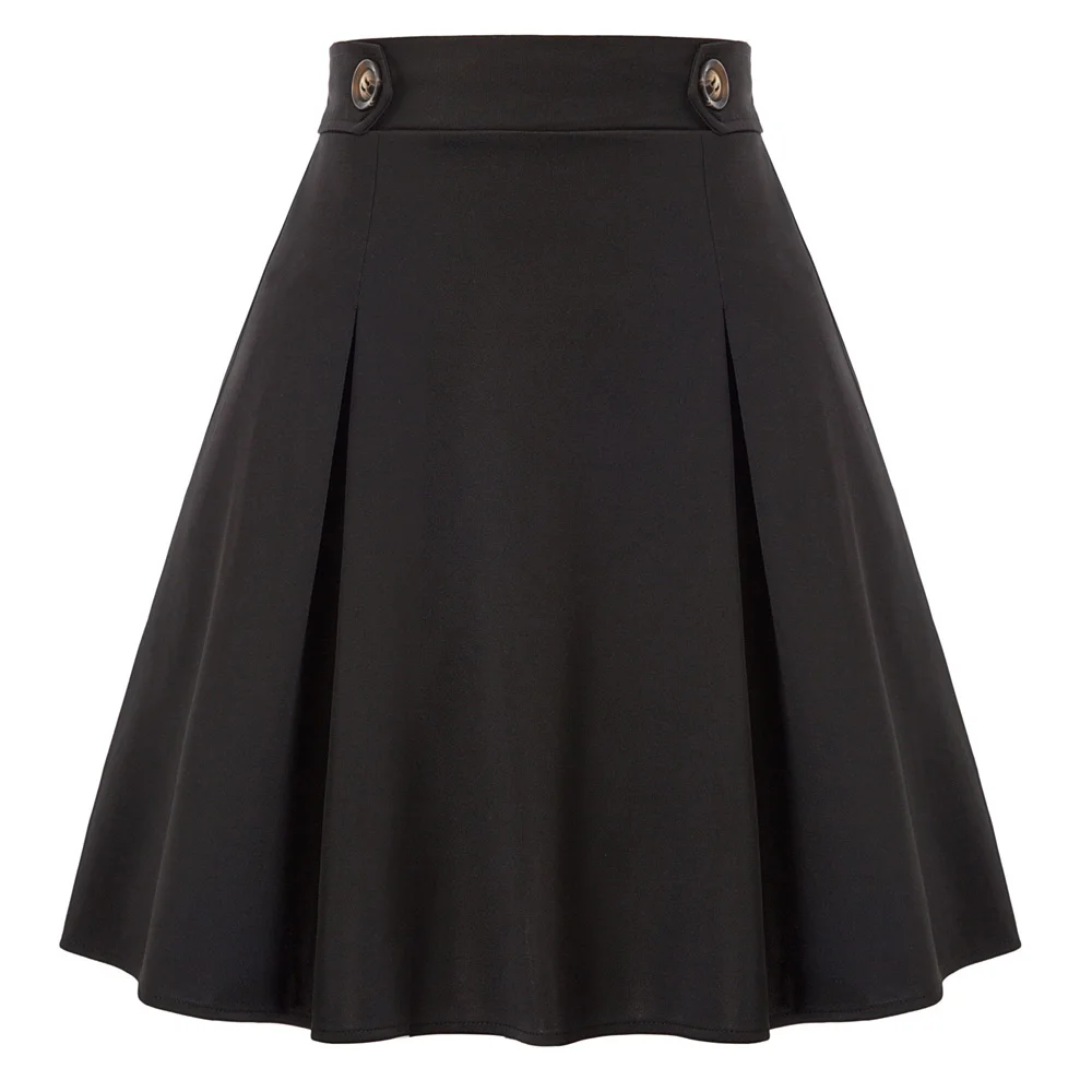 

Women's Elastic Waist Skirt Pleated Flared A-Line Buttons Decorated Fashion Solid Youth Girl Short Mini Swing Skirts Ladies New