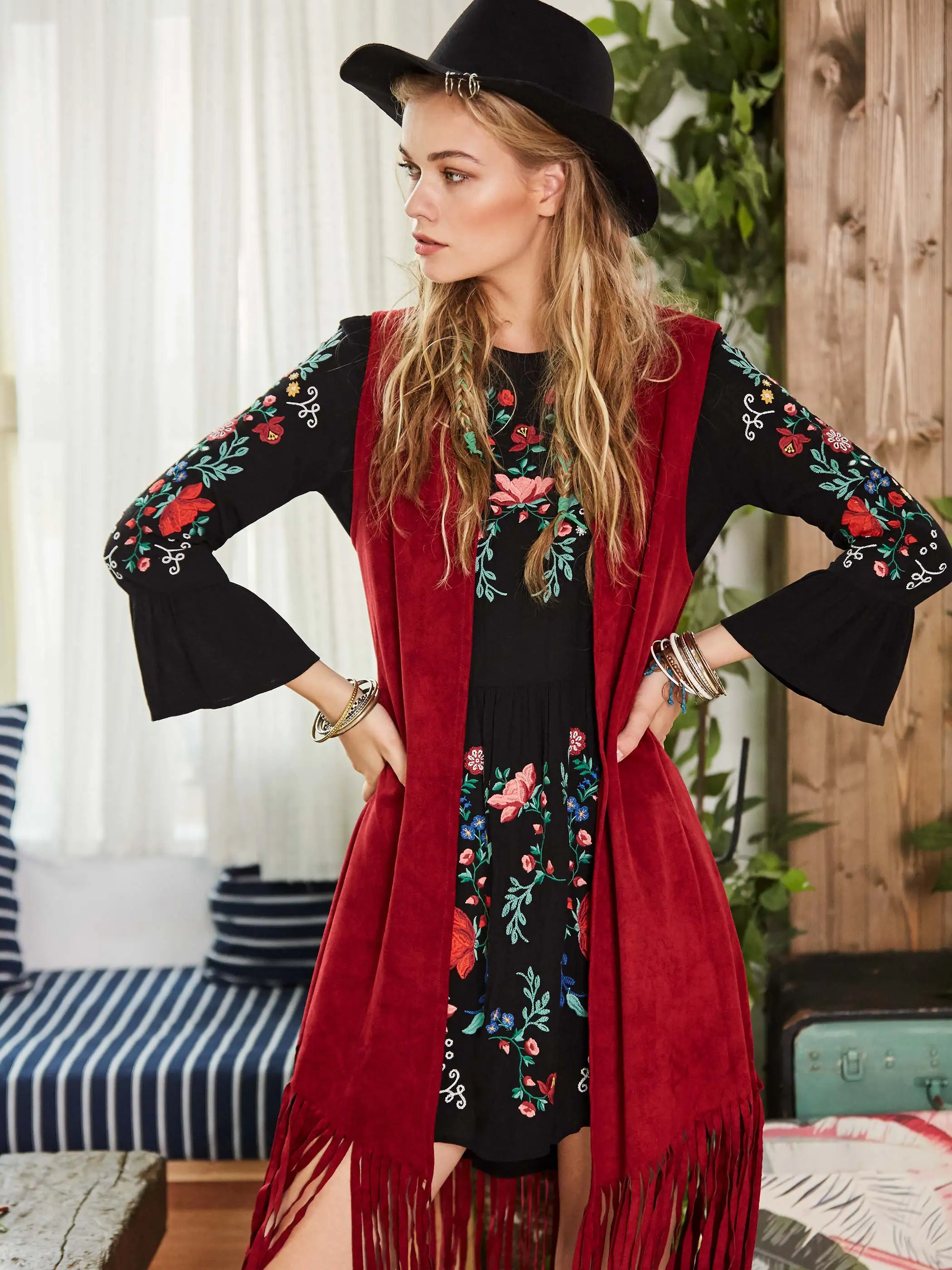 Bohoartist Женская длинная куртка жилет осень 2020 Бургундия пэчворк кисточка без