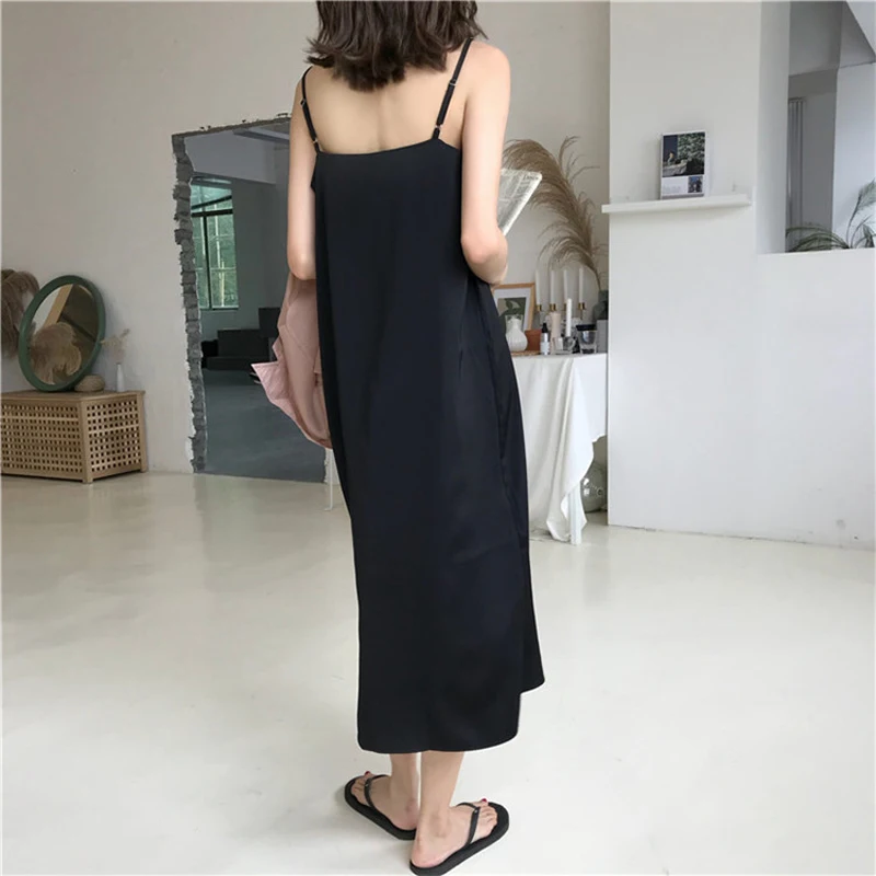 

Elegant Mesh Maxi Dress Sexy Loose Sleeveless Spaghetti Straps V-neck Solid Color Dress Temperament Party Black Women's Clothes