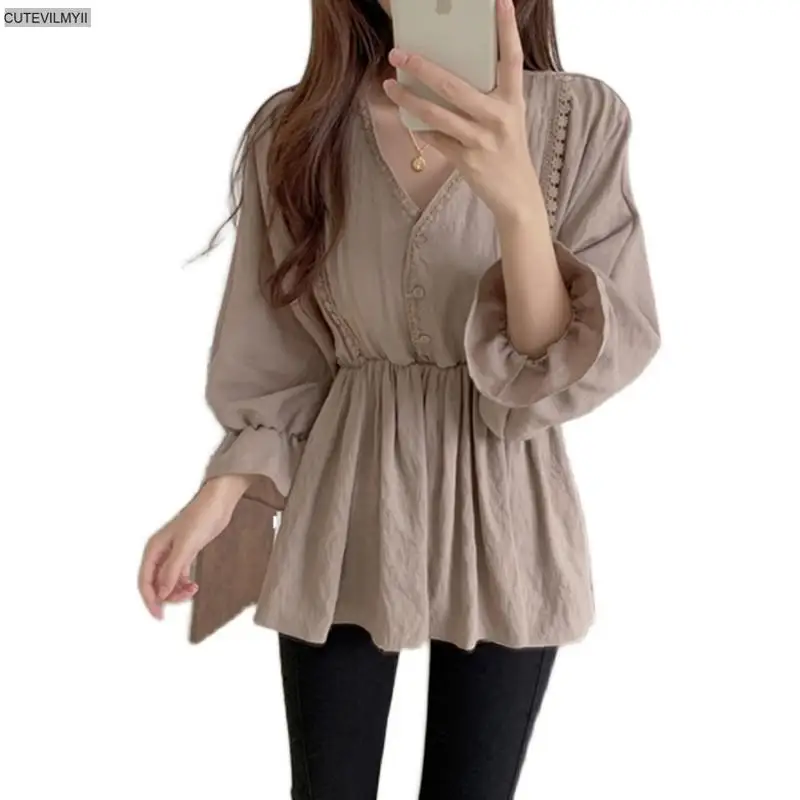 

Chic Korea tops Han edition v-neck slim waist peplum ruffles splicing thin lace long sleeve shirts