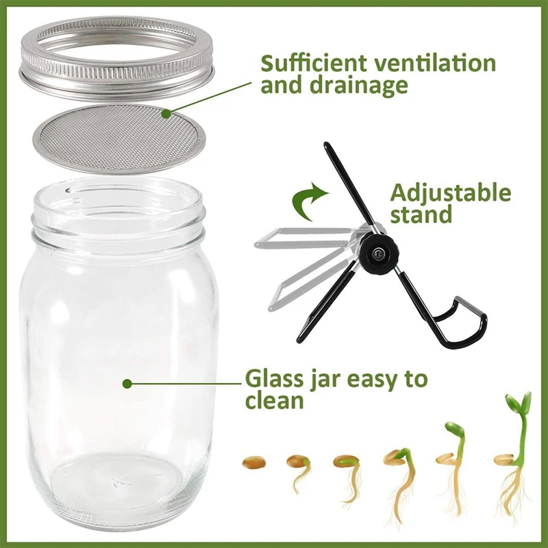 

2 Sets 1000Ml Glass Sprouter Jar,Sprouting Jar Kit for Home Kitchen/Garden,Stainless Steel Lid Mason Pot with Holder