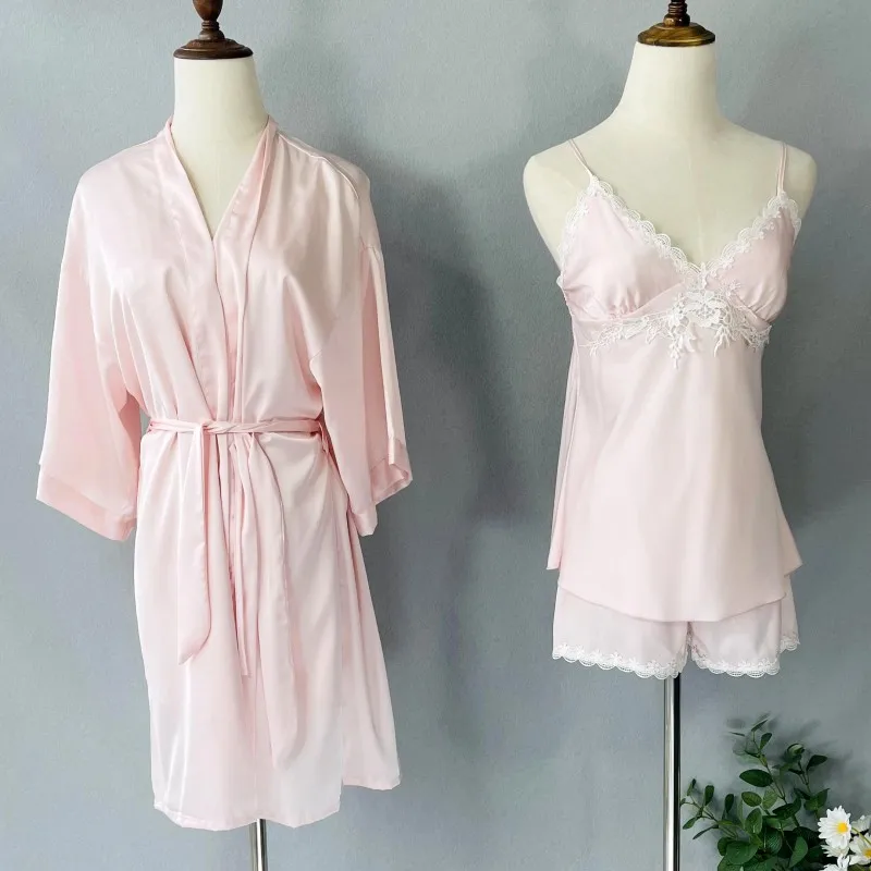 

Летний женский пижамный комплект с кружевной отделкой, 3 предмета, женское кимоно, халат, ночная рубашка, свободная повседневная домашняя од...