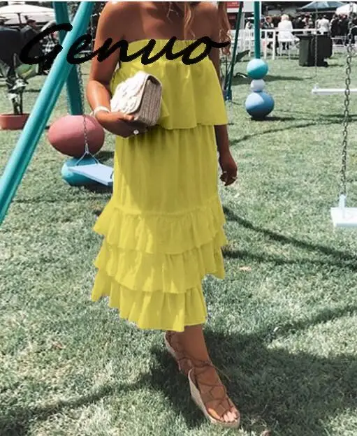 

Genuo New 2019 Female Sexy Beach Summer 2019 Dress Women Flounce Split Ruffle Dresses Casual Party Bohemian Maxi Dress Vestidos