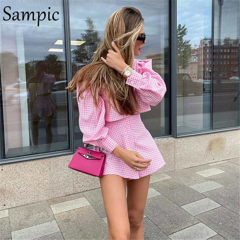 

Sampic Pink Y2K Casual Plaid Lounge Wear Women Tracksuit Shorts Set Long Puff Sleeve Shirt Tops And Mini Shorts Two Piece Set