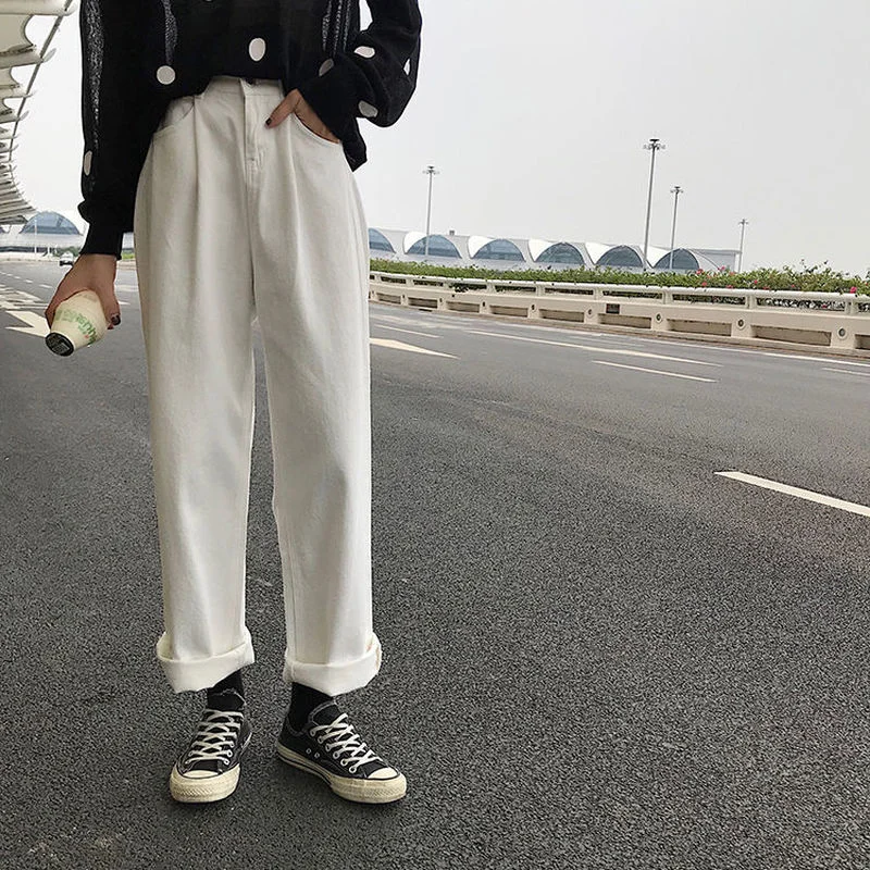 

Свободные плотные женские брюки с высокой талией, весна-осень 2021, женские модные простые повседневные однотонные брюки для девочек, универс...