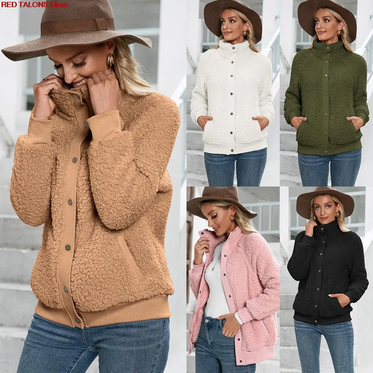 

2021 Winter Female Fashion High Street Casual Stand-Up Collar Jacket Coat Harajuku Pure Color Double Plush Warmth Cardigan