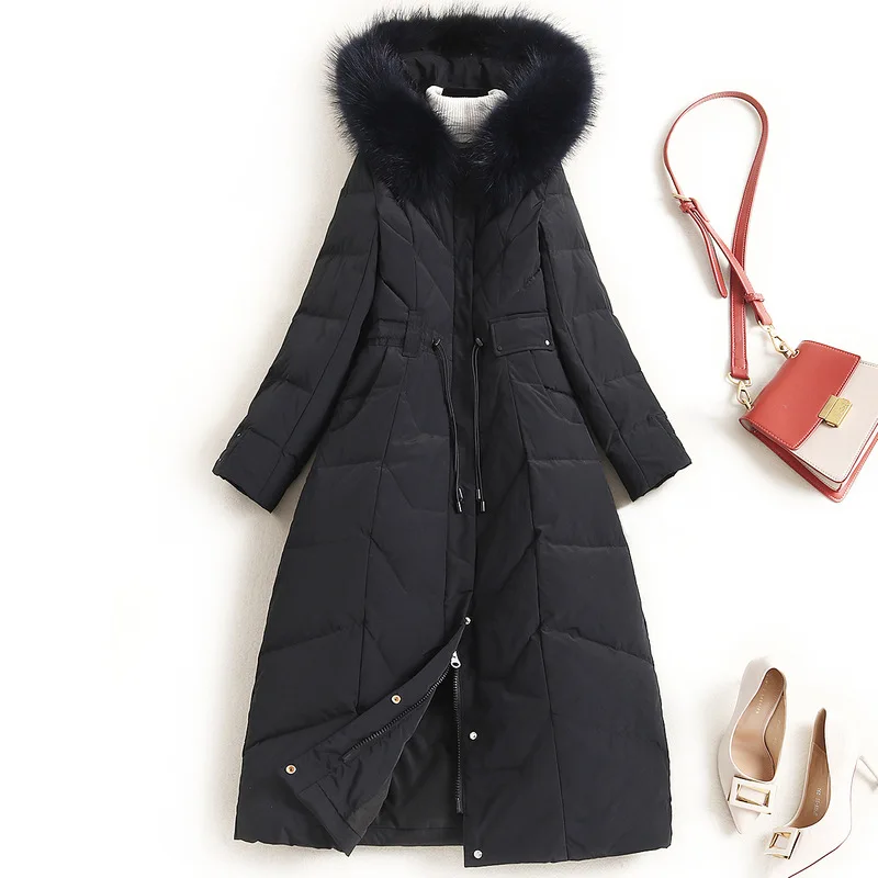 Down Detachable Fox Fur Collar 2021 New Waist Drawstring Hoodie Zipper Long Winter Jacket and Coat for Women