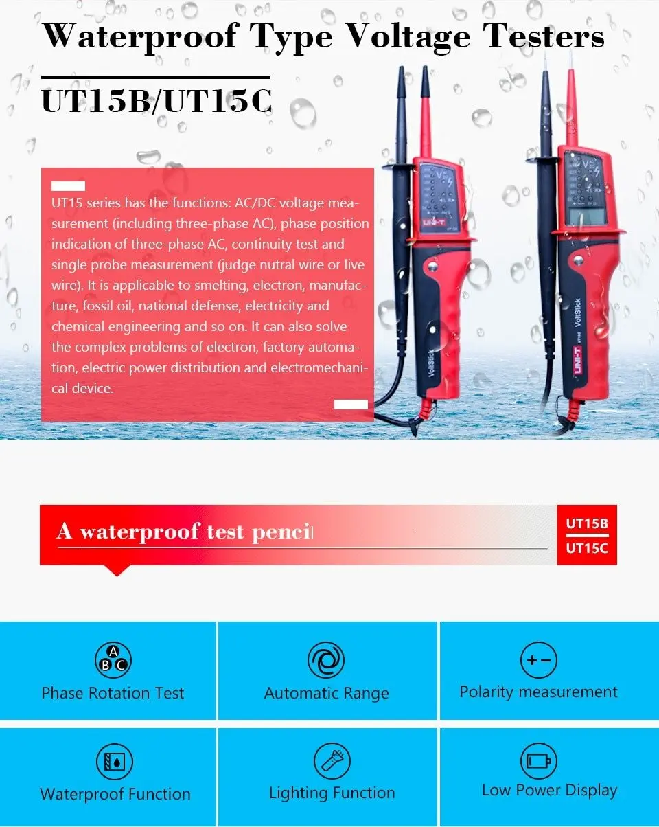 Цифровой тестер напряжения UT15C UNI-T; Светодиодный индикатор напряжения переменного/постоянного тока; тест на фазу вращения; Обнаружение напряжения с одним проводом(L2