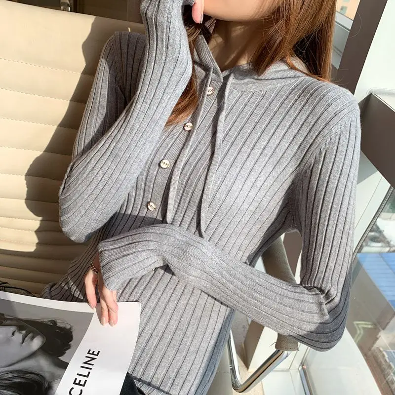 

Black Slim Fit Slimming Hooded Knit Female Mid-Length Autumn and Winter Overknee Underwear Base Sweater Dress