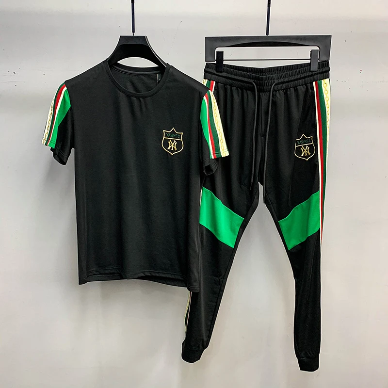 

European men's fashion sports suit men's mercerized cotton T-shirt short sleeve embroidery men's summer casual pants two piece s