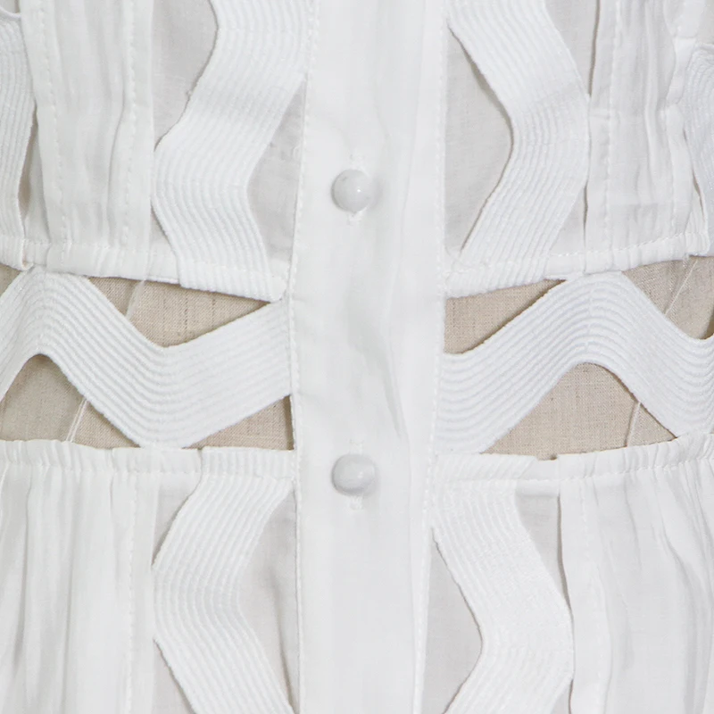 

ECRURANI White Hollow Out Vintage Dress For Women Lapel Puff Long Sleeve High Waist Ankle Length Dresses Female Fashion New 2021