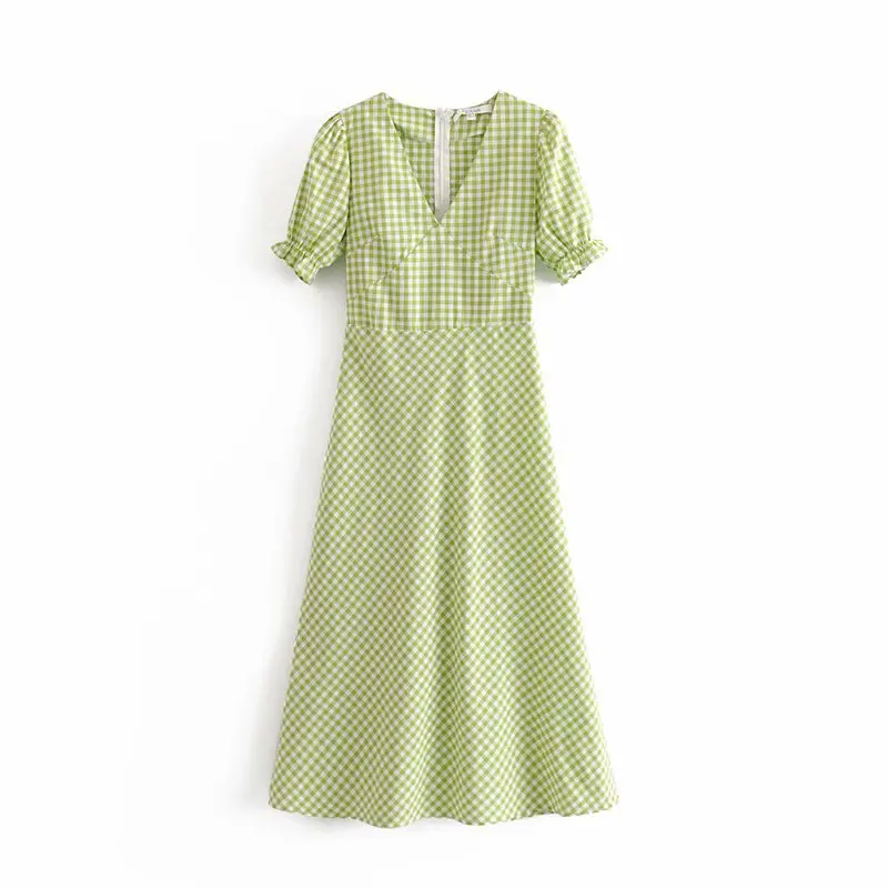 Винтажное зеленое клетчатое платье женское миди с рукавами фонариками