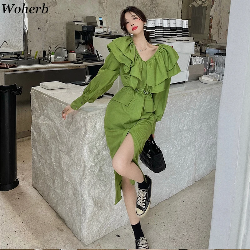 Woherb 2021 повседневное тонкое лоскутное платье с оборками и карманами Женские
