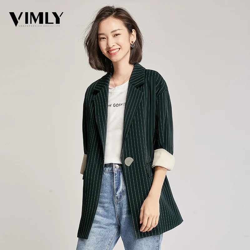 Vimly офисный женский полосатый блейзер с длинным рукавом осенняя Зеленая деловая