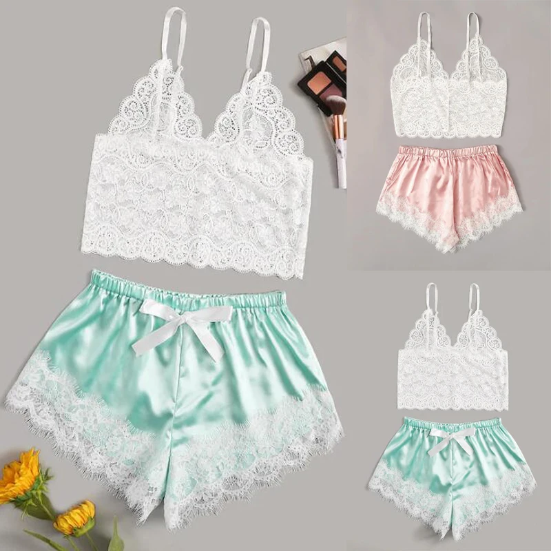 

Women's Underwear Sexy Silk Satin Lingerie Pajamas Crop Tops Bralette Panty Early Spring Pajamas Sets