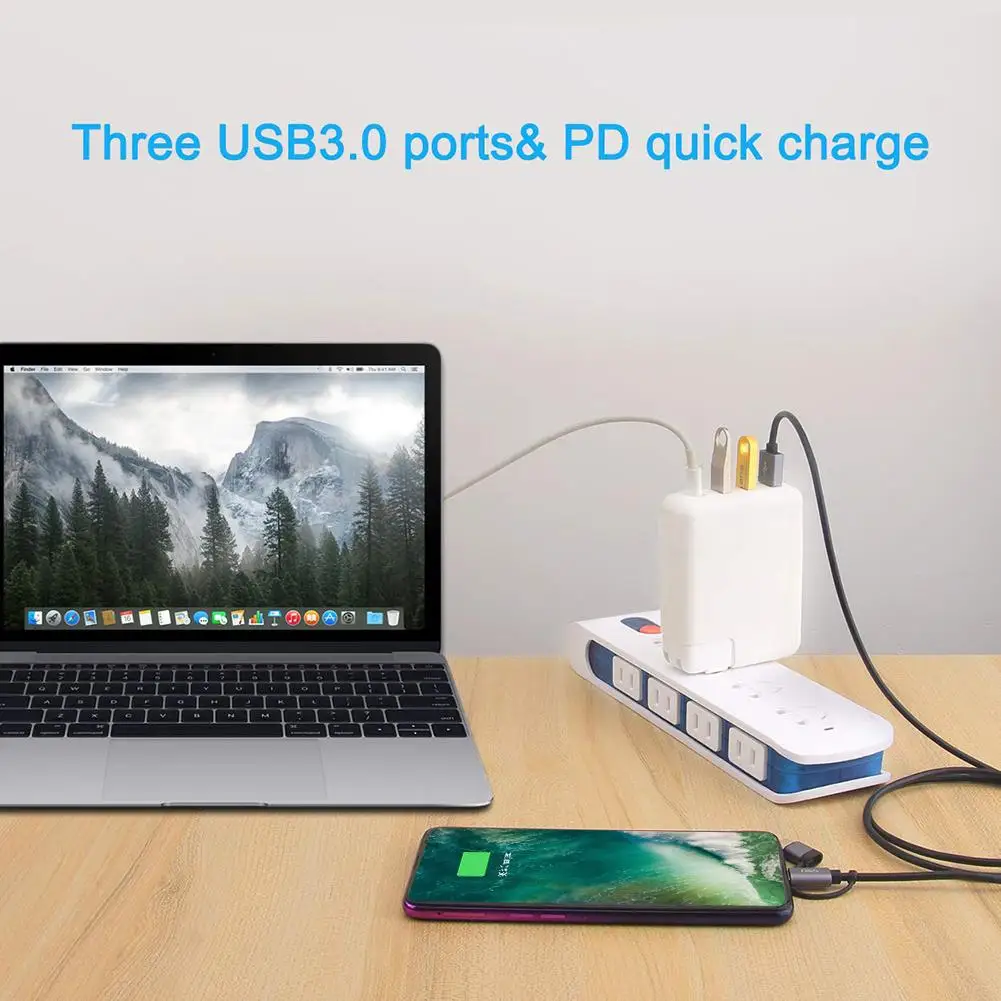 

4 in 1 Type C HUB 3 USB 3.0 PD 61W Power Adapter Splitter Dock for MacBook Pro Strong High Temperature Resistant and Durable