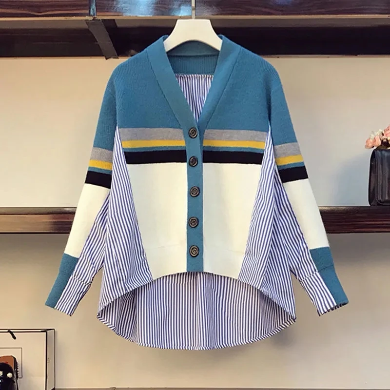 

2021 spring new plus size women's loose shirt stitching fashion knitted cardigan jacket V-Neck Regular COTTON
