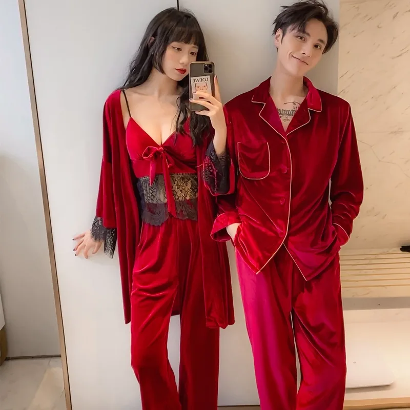 

FZSLCYIYI Couple Velvet Pajamas Set Long Sleeve Velour Sleepwear Pyjamas Suit Women 3Pcs And Man Sleep 2Pcs Loungewear Nightwear