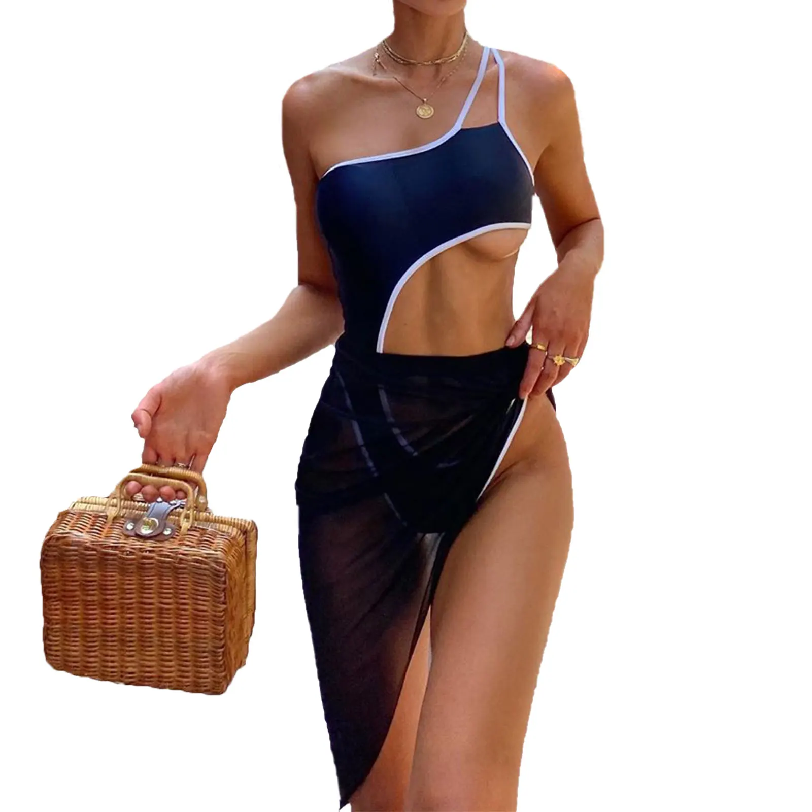 

Women’s 2Pcs Bikini Suit Single Oblique Shoulder Hollowed Waist Irregular Swimwear with Solid Color Tulle Scarf