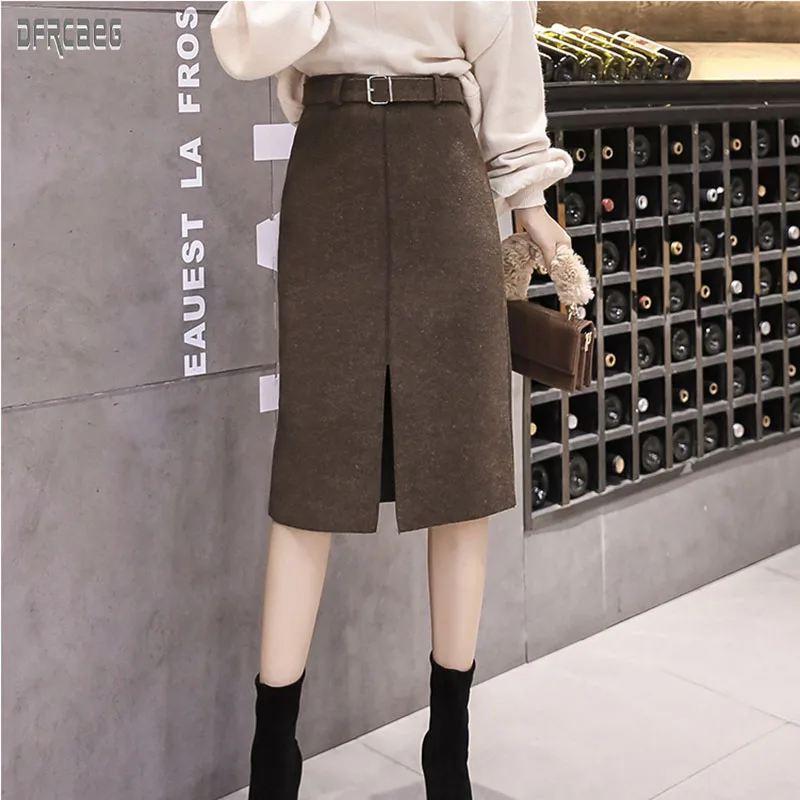 Осень зима 2020 прямая шерстяная юбка с поясом Повседневная приталенная Офисная