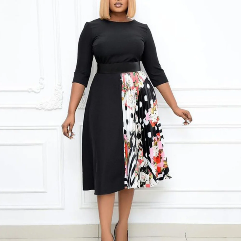 

Western Style Fashion Oversize African Commute Casual Women's Dress 2021 Printing Splicing Round Neck 5-point Sleeve