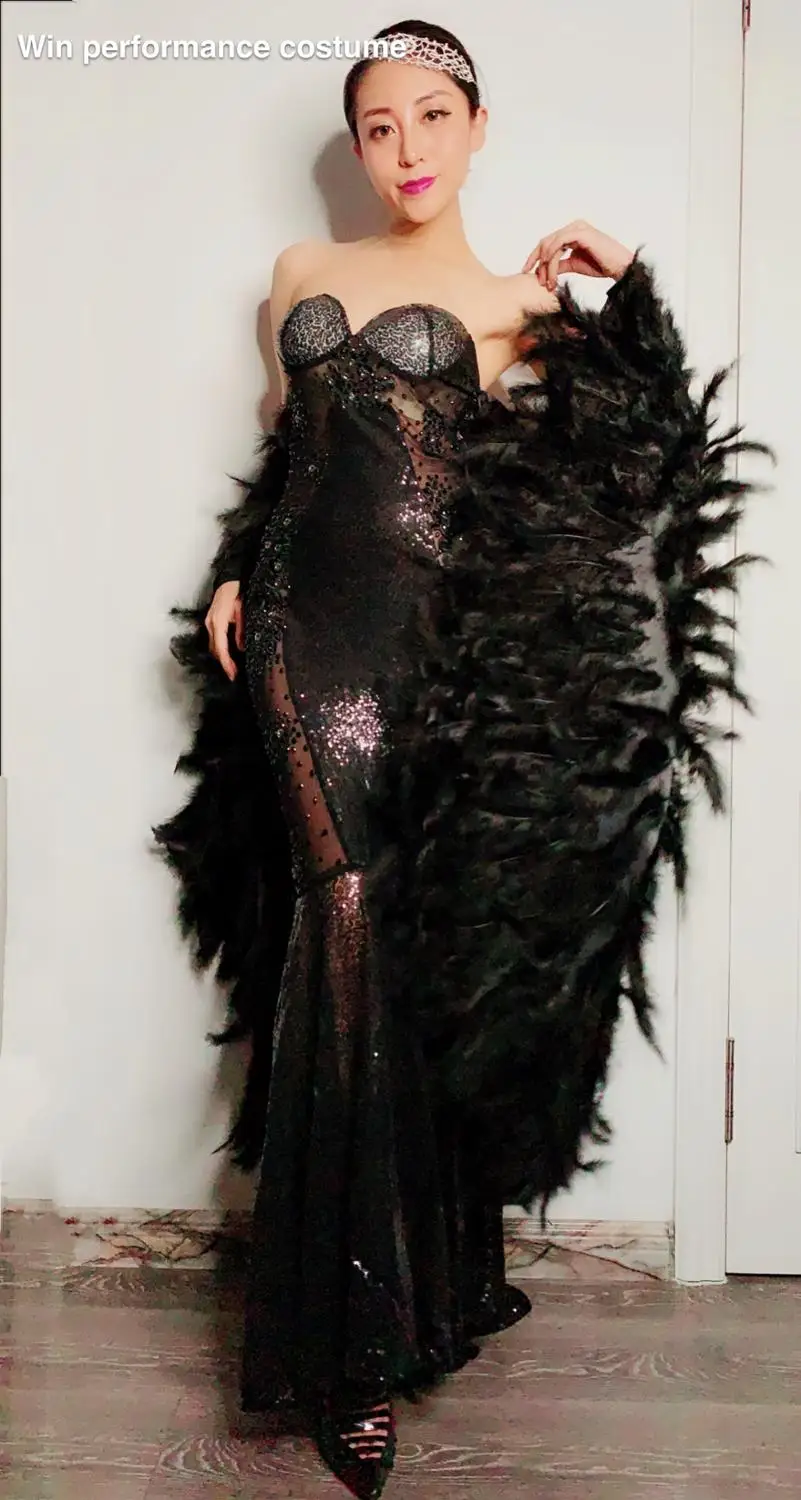 Блестящее посылка но-белое платье стразы с перьями для вечеринки | Китайский