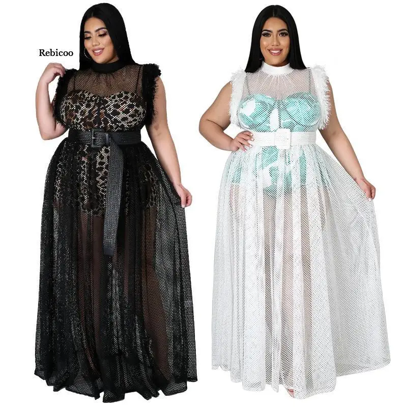 

Women Newest Sexy Lady Club Wear Maxi Dresses Plus Size Flower Party Dress Tassel Shoulder See Through Mesh Gown Summer