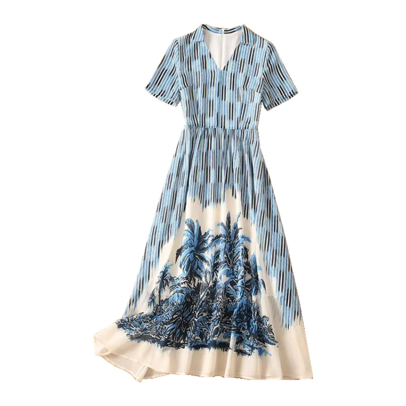 

Big-name summer pure cotton striped 3D printing loose pleated dress 2021New summer ladies fashion belt big swing long dress XL