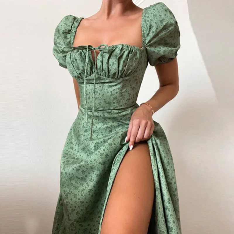 Цветочный принт с пышными короткими рукавами женское платье Высокая Разделение