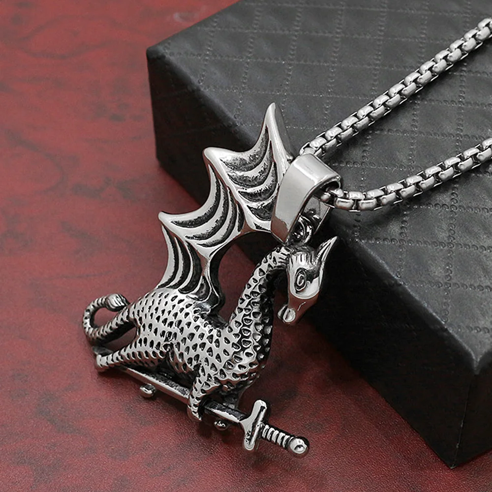 В винтажном стиле Из нержавеющей стали ожерелье для мужчин Viking Flying Dragon кулон Панк
