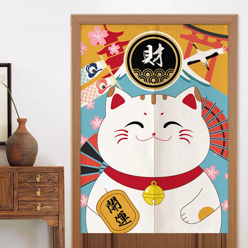 

Japanese cartoon fortune cat cotton linen thickness door curtain fabric hanging kitchen bedroom partition decoration door screen