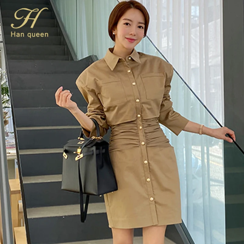 Осеннее короткое Элегантное однобортное винтажное платье H Han Queen офисные