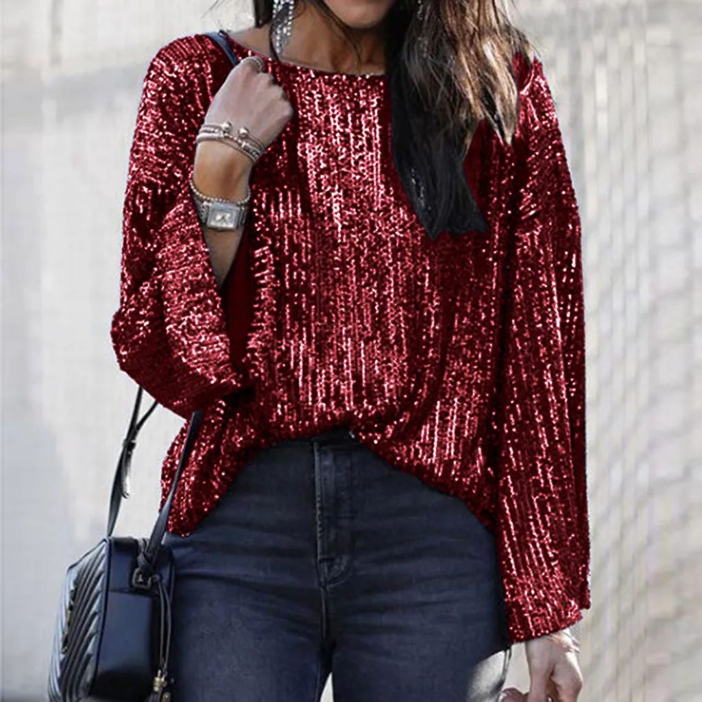 2020 модная блузка с блестками рубашка длинным рукавом повседневные свободные