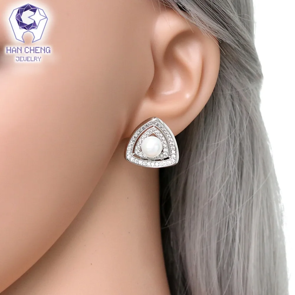 Женские Треугольные жемчужные серьги HanCheng медные серьги-гвоздики с цирконом