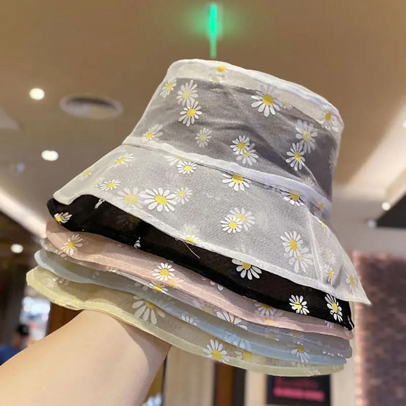

Travel Summer Sun Caps Daisy Printed Basin Hat Women Mesh Flowers Cute Fisherman Hat Breathable Fisherman's Hat High Quality