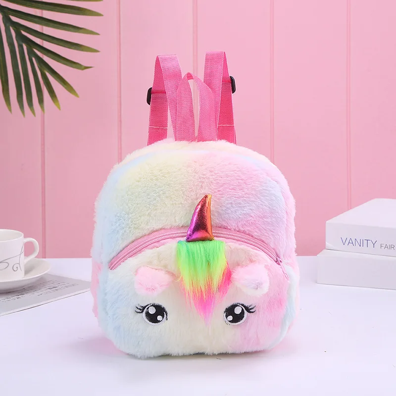 Girls Fluffy Unicorn Backpack Plush School Rucksack Zipper Shoulders Bags for Boys Girls Children Bags Kindergarten School Bag
