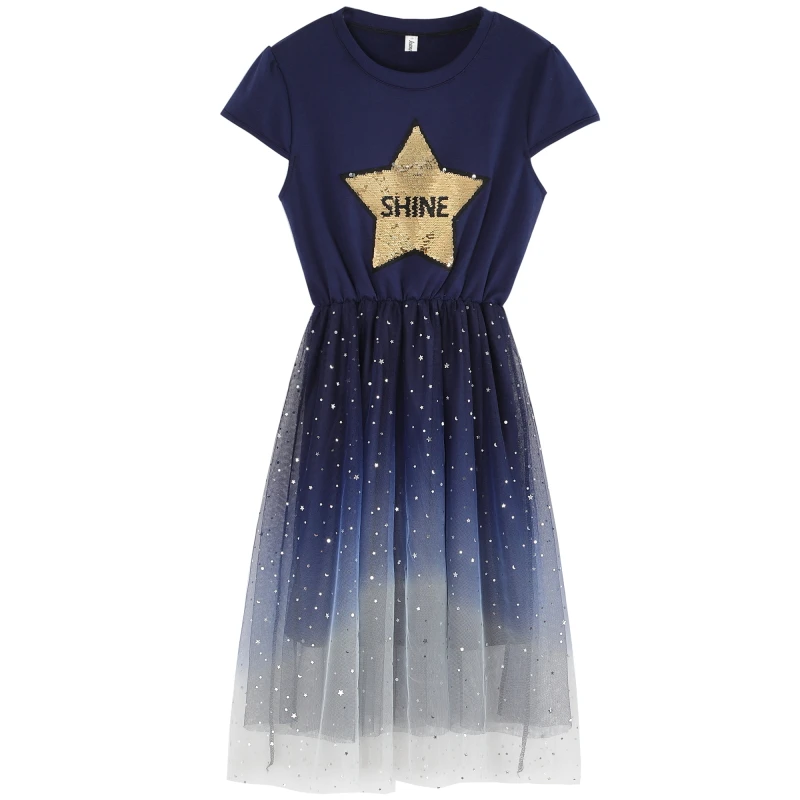 

S-XXL Mori Girl Summer Women Dress Sweet Sequins Stars Dot Mesh Patchwork Femininos Vestidos Long Sleeve Kawaii Dresses