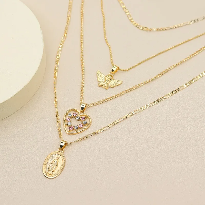 

4 Pcs/Set Women Necklaces Angel Heart Pink Crystal Virgin Mary Pendant Clavicle Chain Multilayer Gold Necklace Set Jewelry Gift