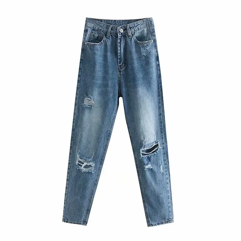 

Female Fashion High Waist Loose Blue Pants Bottoms Vaqueros Mujer Retro Holes Soratched Jeans Women Baggy Casual Long Trousers