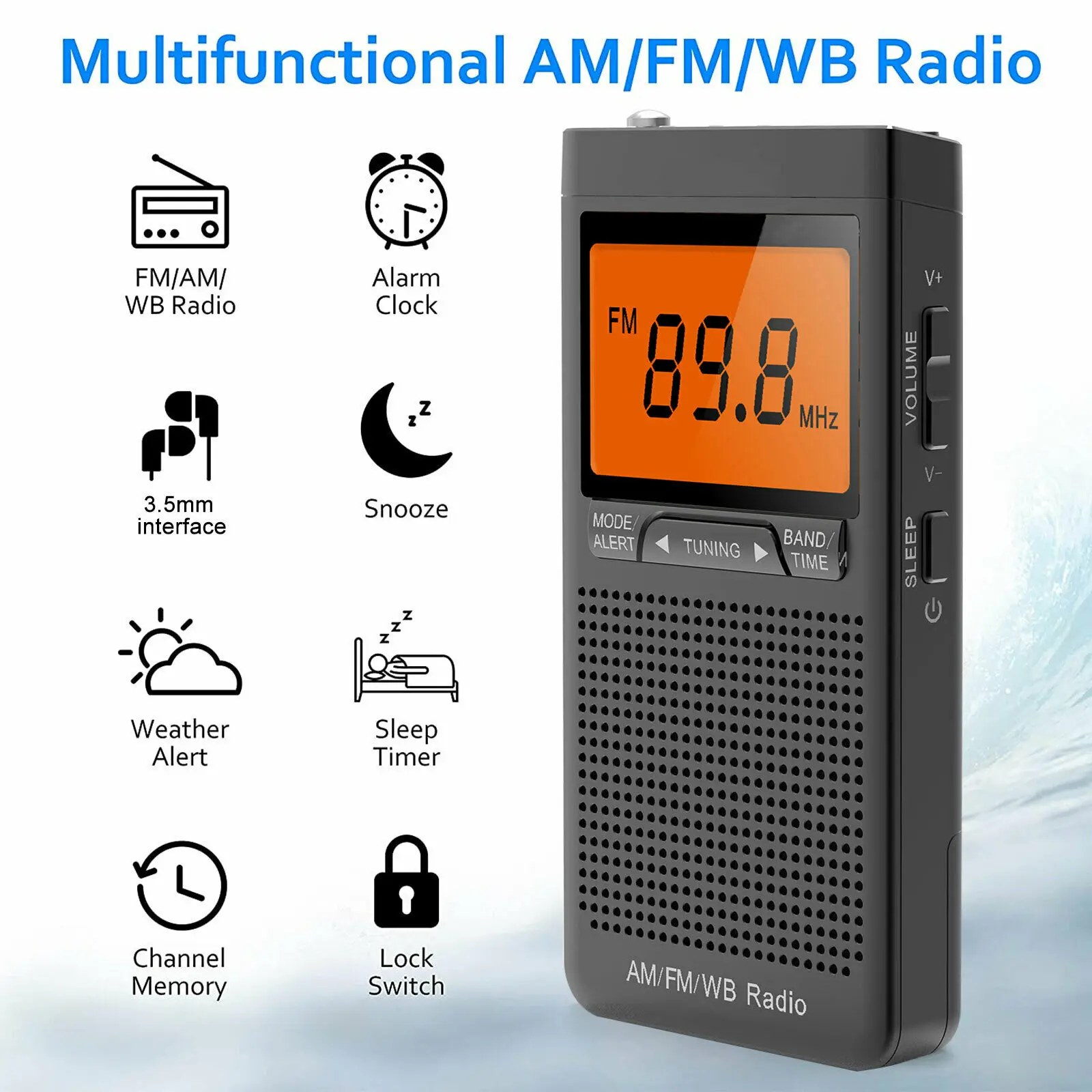 

FM AM NOAA Emergency Pocket Radio Portable Weather Radio With Weather Warning Alarm Clock Auto-Search Channels Mini Hand Radio