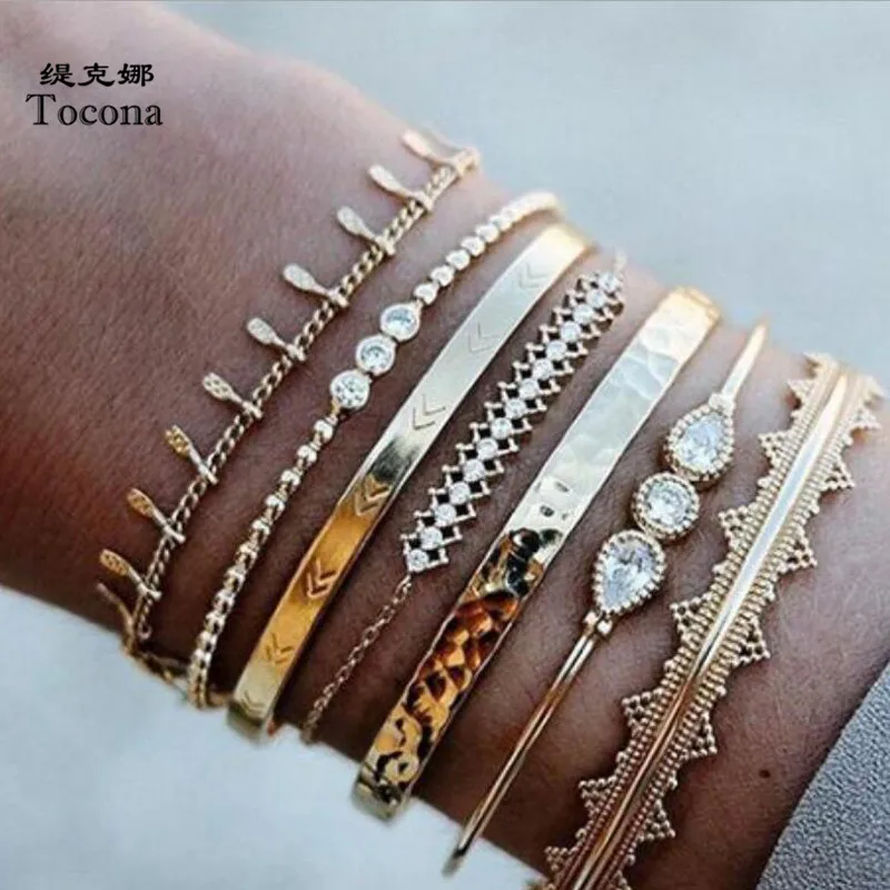 Tocona 7pcs/sets Clear Water Drop Crystal Stone Ladies Bracelets Gold Chain Cuff Bangle for Women Jewelry Wholesale 9168 | Украшения и